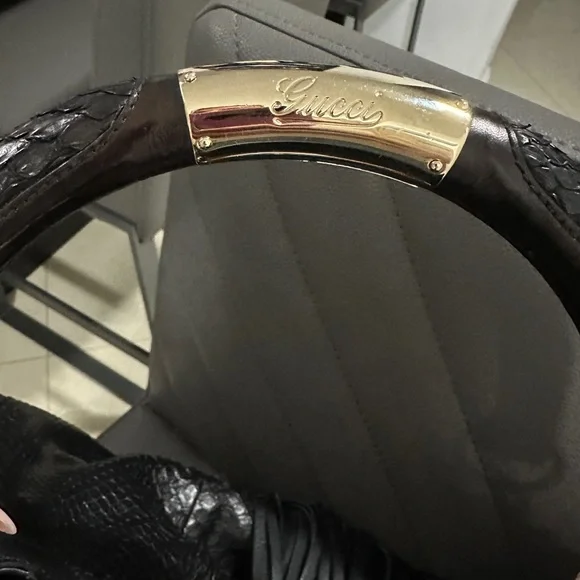 Gucci Black Python-Embossed Leather Bamboo Tassel Hobo Bag with Gold Corners - Picture 2 of 8